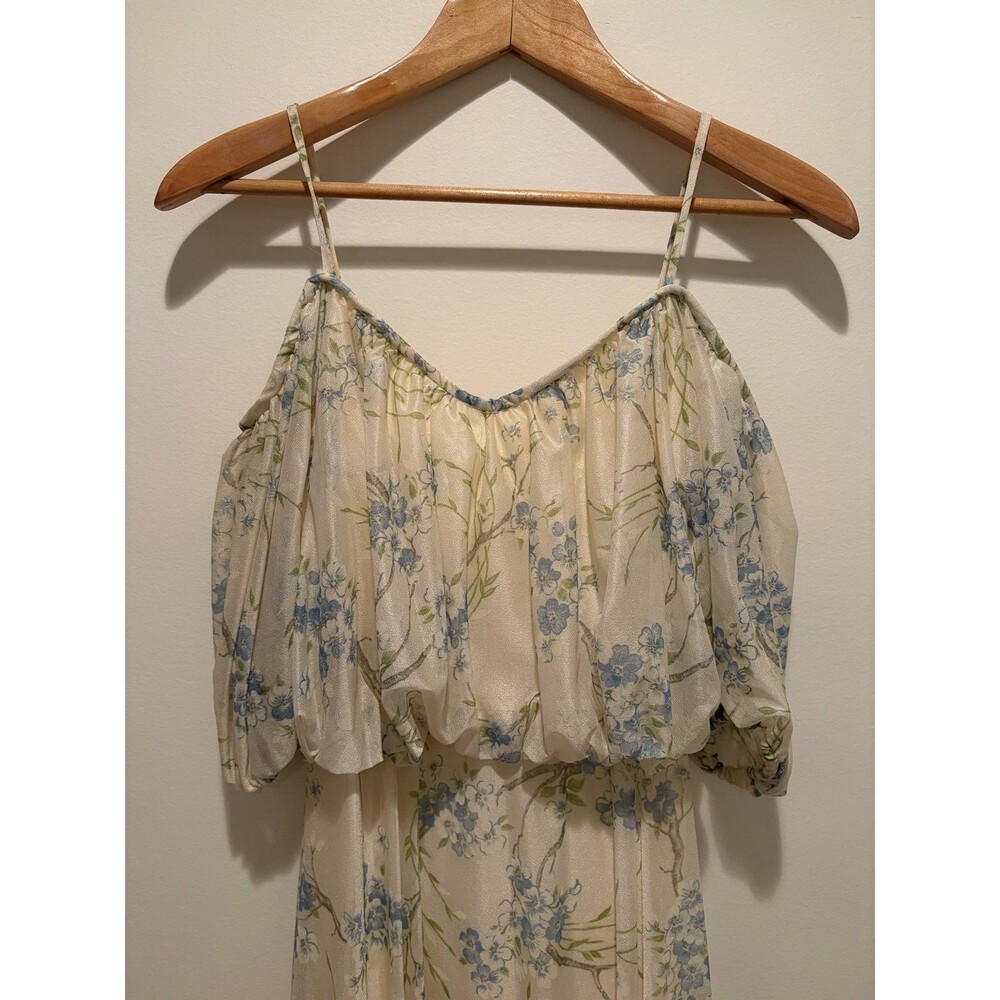 Vtg 70s Cream Delicate Blue Flowers Blouson Maxi Dress Floral Prairie Cottage - Picture 2 of 16